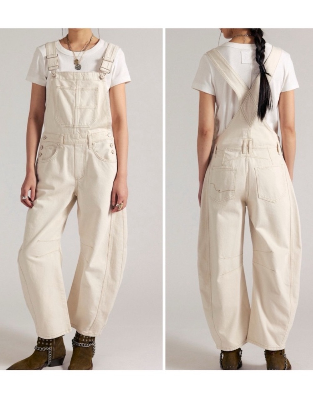NWOT Free People We The Free Good Luck Barrel Overalls - milk cream - Large
